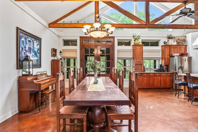 tiled dining room featuring french doors, ceiling fan with notable chandelier, high vaulted ceiling, and beam ceiling