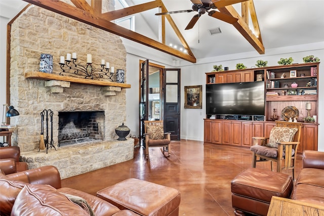 living room with a fireplace, beam ceiling, high vaulted ceiling, and ceiling fan