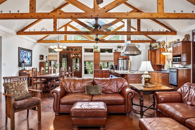 living room featuring beamed ceiling, high vaulted ceiling, dark tile patterned flooring, and ceiling fan with notable chandelier