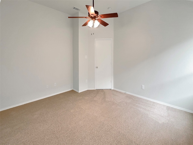 unfurnished room featuring high vaulted ceiling, carpet, and ceiling fan