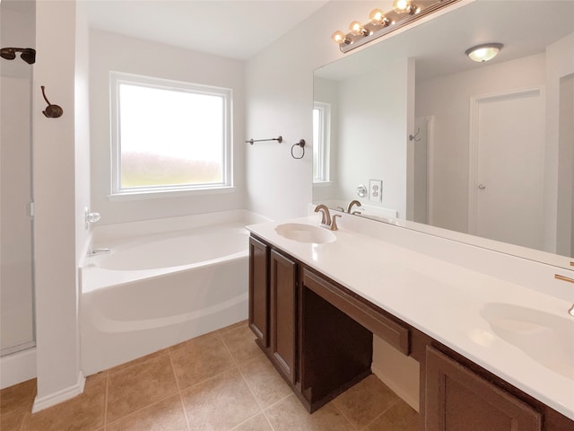 bathroom featuring dual bowl vanity, tile flooring, and independent shower and bath