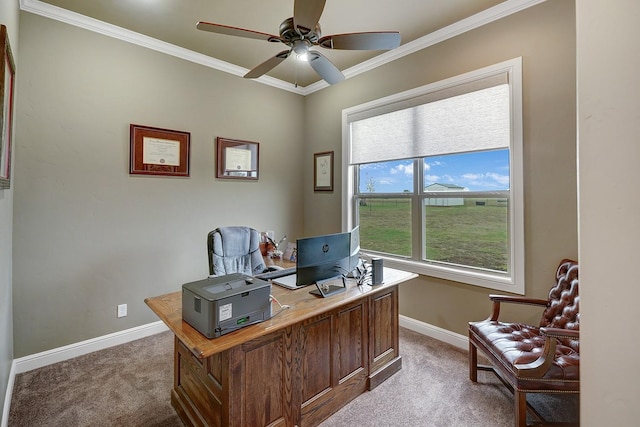 home office with a wealth of natural light, ornamental molding, light carpet, and ceiling fan