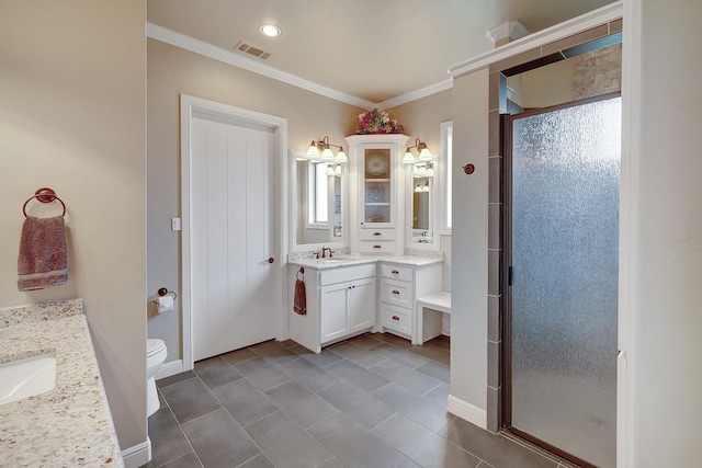 bathroom featuring ornamental molding, vanity, walk in shower, toilet, and tile patterned floors