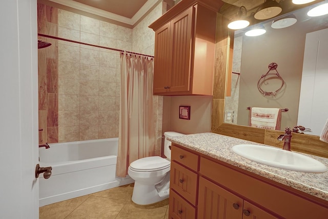 full bathroom featuring tile patterned floors, toilet, ornamental molding, vanity, and shower / bath combo