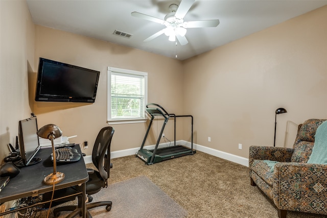 office area with ceiling fan and carpet floors