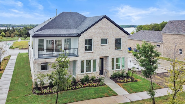 view of front of house with a balcony and a front lawn