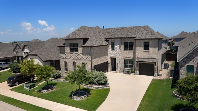 french country inspired facade with a garage and a front lawn