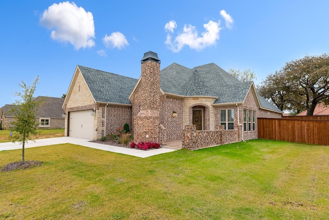 view of front of house with a garage and a front lawn