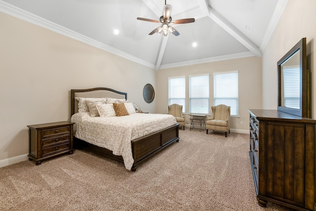 bedroom with carpet flooring, vaulted ceiling, ornamental molding, and ceiling fan