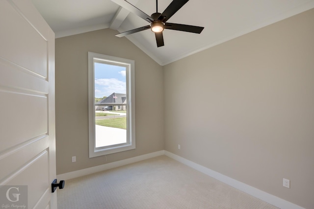 unfurnished room featuring light carpet, ceiling fan, and vaulted ceiling