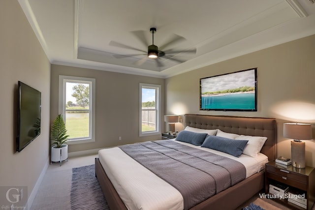 bedroom featuring ceiling fan, carpet, crown molding, and a raised ceiling