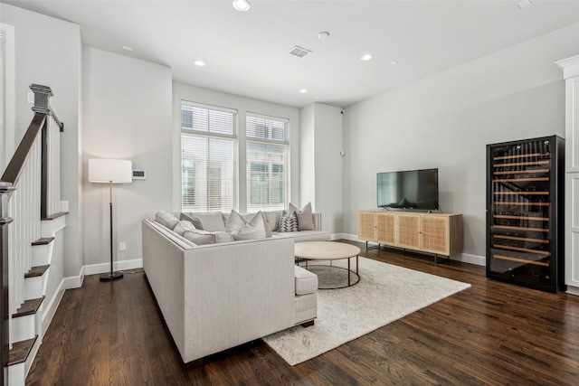 living room with dark wood-type flooring