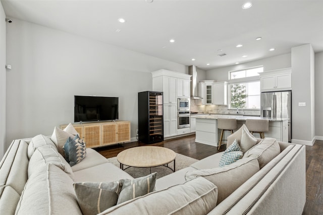 living room featuring sink and dark hardwood / wood-style floors