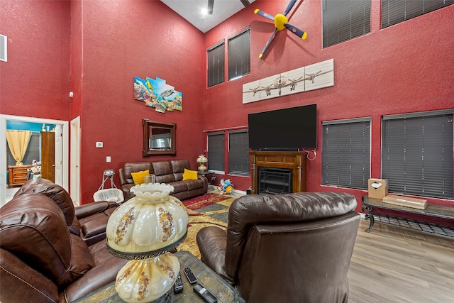 living room with high vaulted ceiling and hardwood / wood-style floors