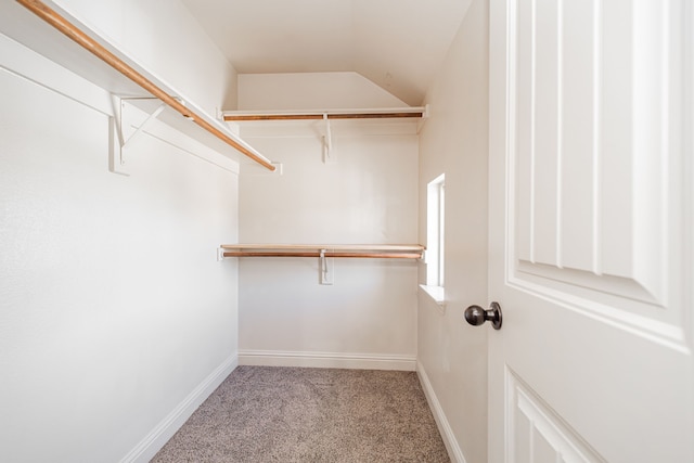 spacious closet with carpet floors and lofted ceiling