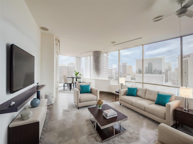 interior space featuring ceiling fan