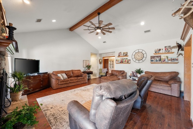 living room with beamed ceiling, high vaulted ceiling, ceiling fan, and dark wood-type flooring