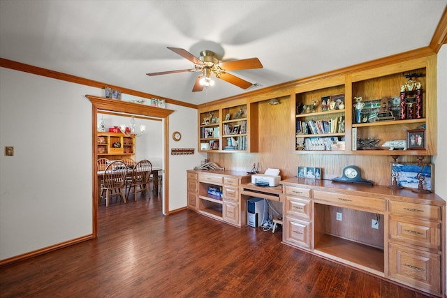 office with ceiling fan, dark hardwood / wood-style floors, and ornamental molding