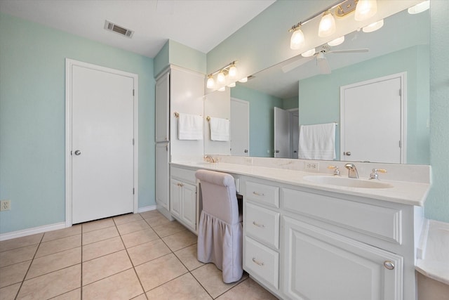 bathroom featuring ceiling fan, tile patterned flooring, and vanity