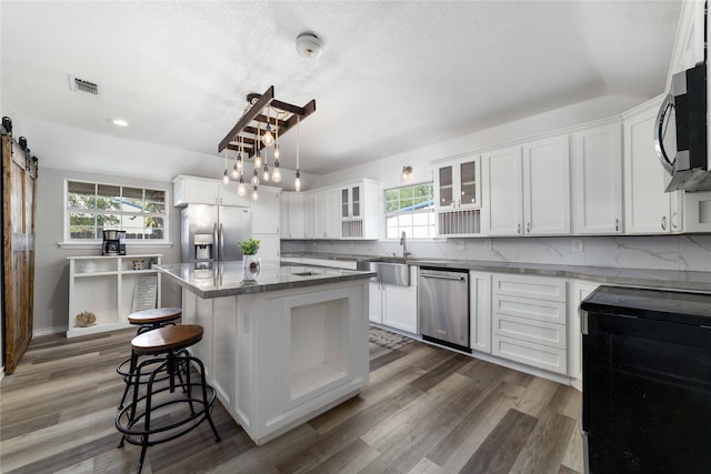 kitchen featuring a barn door, plenty of natural light, a kitchen island, and stainless steel appliances