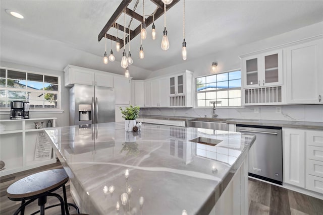 kitchen with dark hardwood / wood-style flooring, a healthy amount of sunlight, tasteful backsplash, and appliances with stainless steel finishes