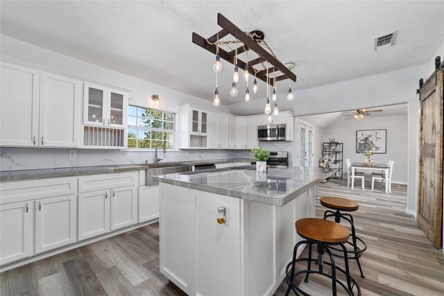 kitchen with appliances with stainless steel finishes, a center island, a barn door, and light wood-type flooring