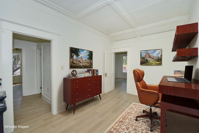 office area featuring beamed ceiling, light hardwood / wood-style floors, and coffered ceiling