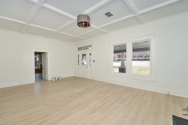 unfurnished living room featuring light hardwood / wood-style flooring and coffered ceiling