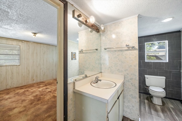 bathroom with tile walls, a textured ceiling, toilet, and vanity