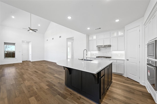 kitchen featuring white cabinets, sink, lofted ceiling, ceiling fan, and a kitchen island with sink