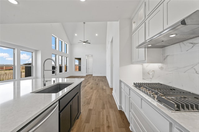 kitchen featuring light hardwood / wood-style flooring, stainless steel appliances, sink, white cabinetry, and ceiling fan