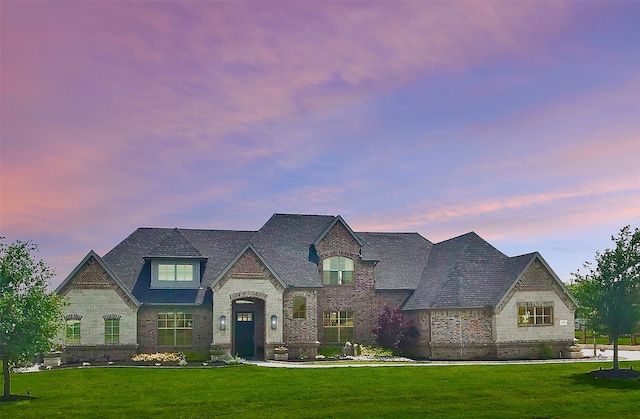 french country inspired facade featuring a lawn