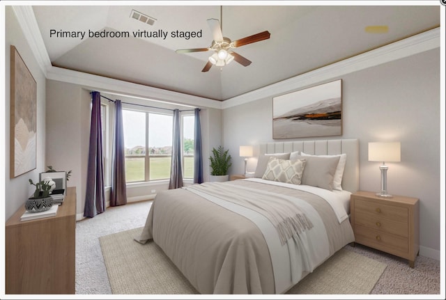 carpeted bedroom featuring ceiling fan, lofted ceiling, and ornamental molding