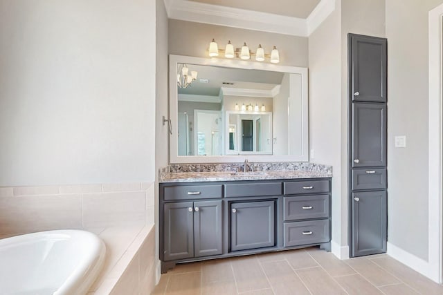 bathroom with vanity, tiled bath, tile patterned floors, and ornamental molding