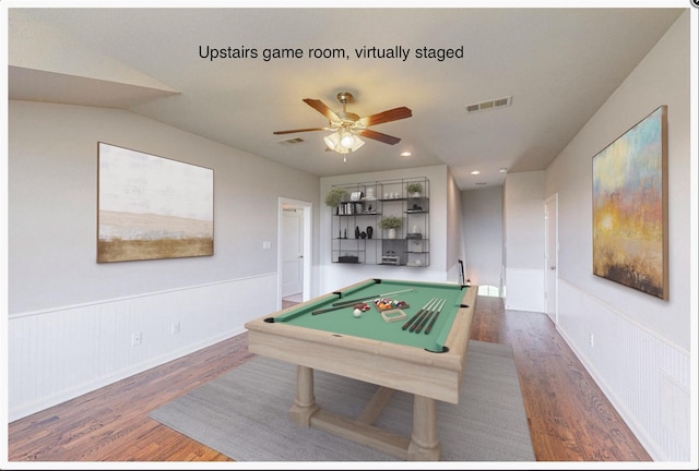 recreation room with dark hardwood / wood-style floors, ceiling fan, lofted ceiling, and pool table