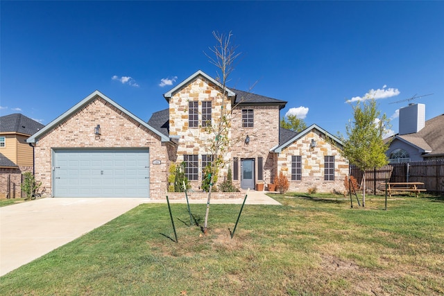 view of front of home with a front yard and a garage