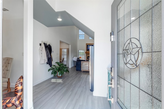 entrance foyer featuring vaulted ceiling and wood-type flooring