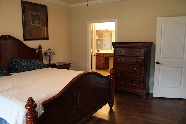 bedroom with ensuite bath, wood-type flooring, and crown molding