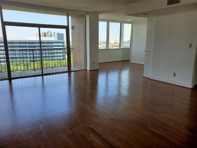 empty room featuring dark hardwood / wood-style floors and expansive windows