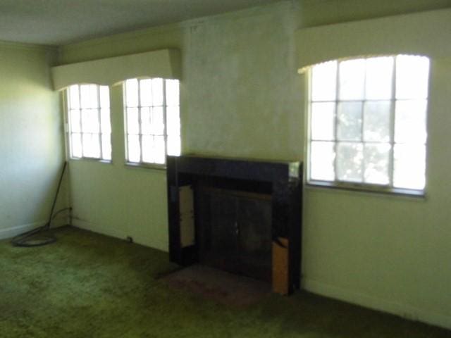 living room with a fireplace and carpet floors