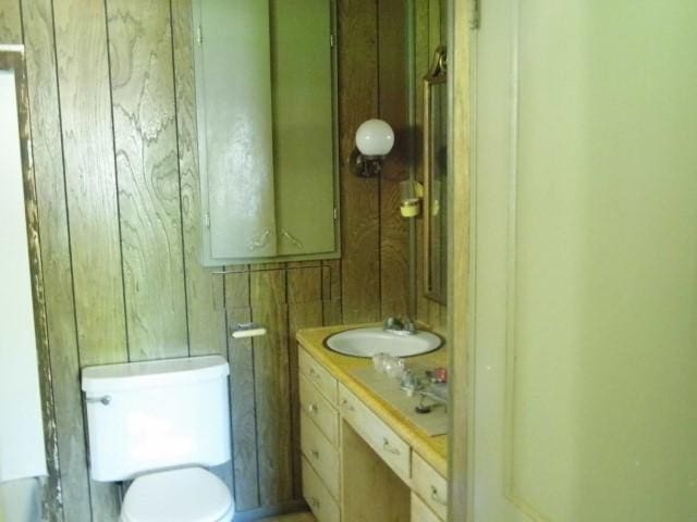 bathroom with toilet, vanity, and wooden walls