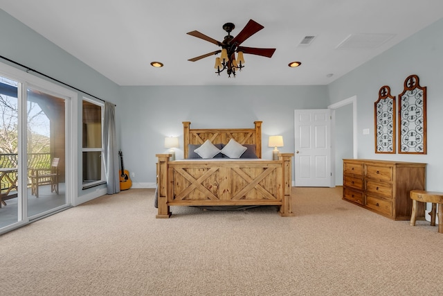 bedroom with carpet, ceiling fan, and access to exterior