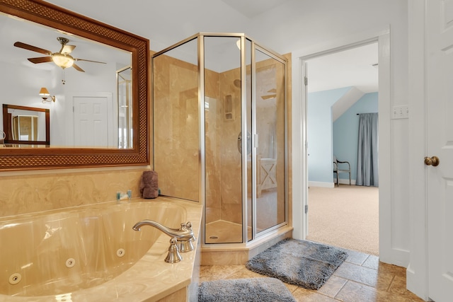 bathroom featuring walk in shower, ceiling fan, tile flooring, and vaulted ceiling