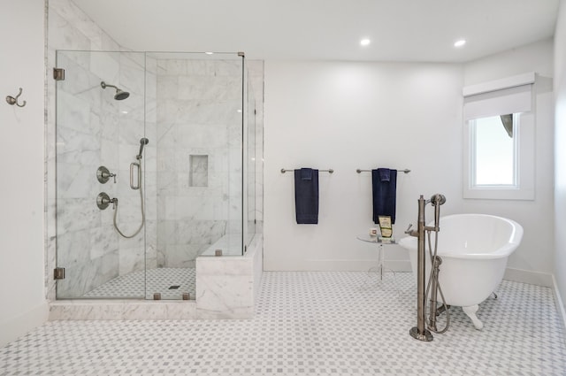 bathroom featuring shower with separate bathtub and tile patterned floors