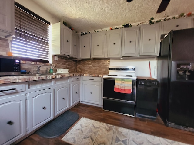 kitchen with sink, white cabinets, black fridge with ice dispenser, and white range with electric stovetop