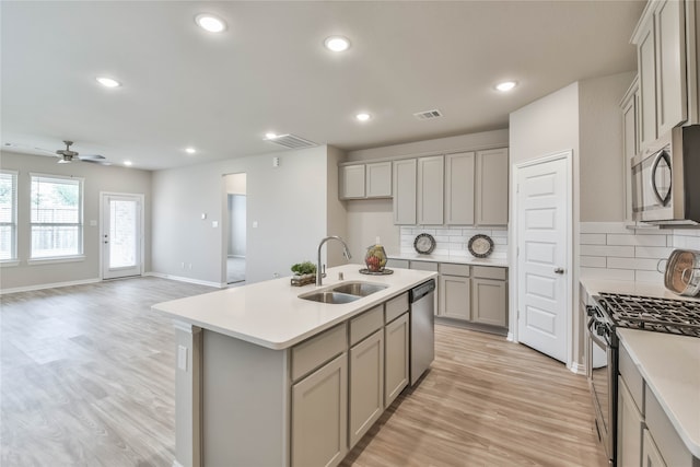 kitchen featuring an island with sink, sink, appliances with stainless steel finishes, light wood-type flooring, and decorative backsplash