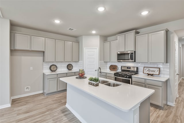 kitchen with sink, gray cabinetry, a center island with sink, backsplash, and appliances with stainless steel finishes