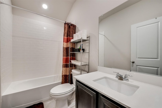 full bathroom with shower / bath combo with shower curtain, toilet, and vanity