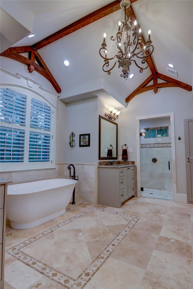 bathroom featuring tile flooring, vanity, shower with separate bathtub, lofted ceiling with beams, and a chandelier