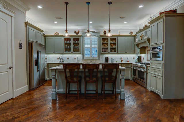 kitchen with tasteful backsplash, dark wood-type flooring, premium appliances, and a kitchen island